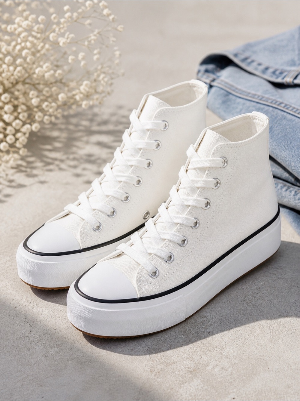 White Platform High Top Sneakers – Canvas Lace-Up Casual Shoes